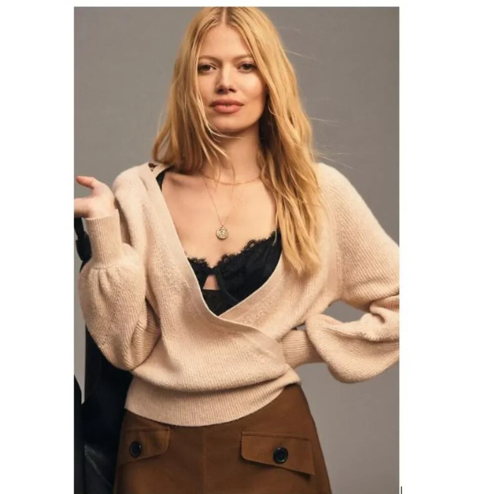 By Anthropologie Deep-V Sweater in Beige - Size X-Small